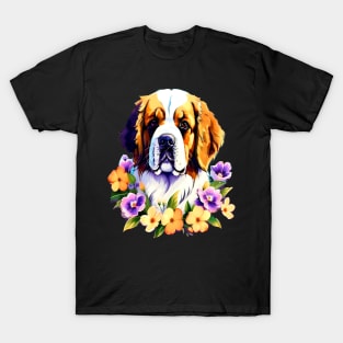 Saint Bernard Dog Surrounded by Beautiful Spring Flowers T-Shirt